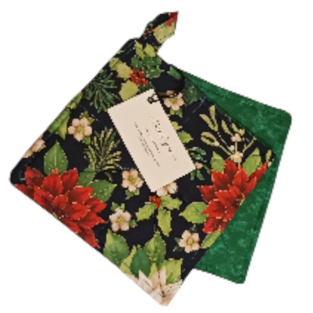 Gift Handmade Holiday Potholder Set Of 2 Floral Quilted Design - Red and Green